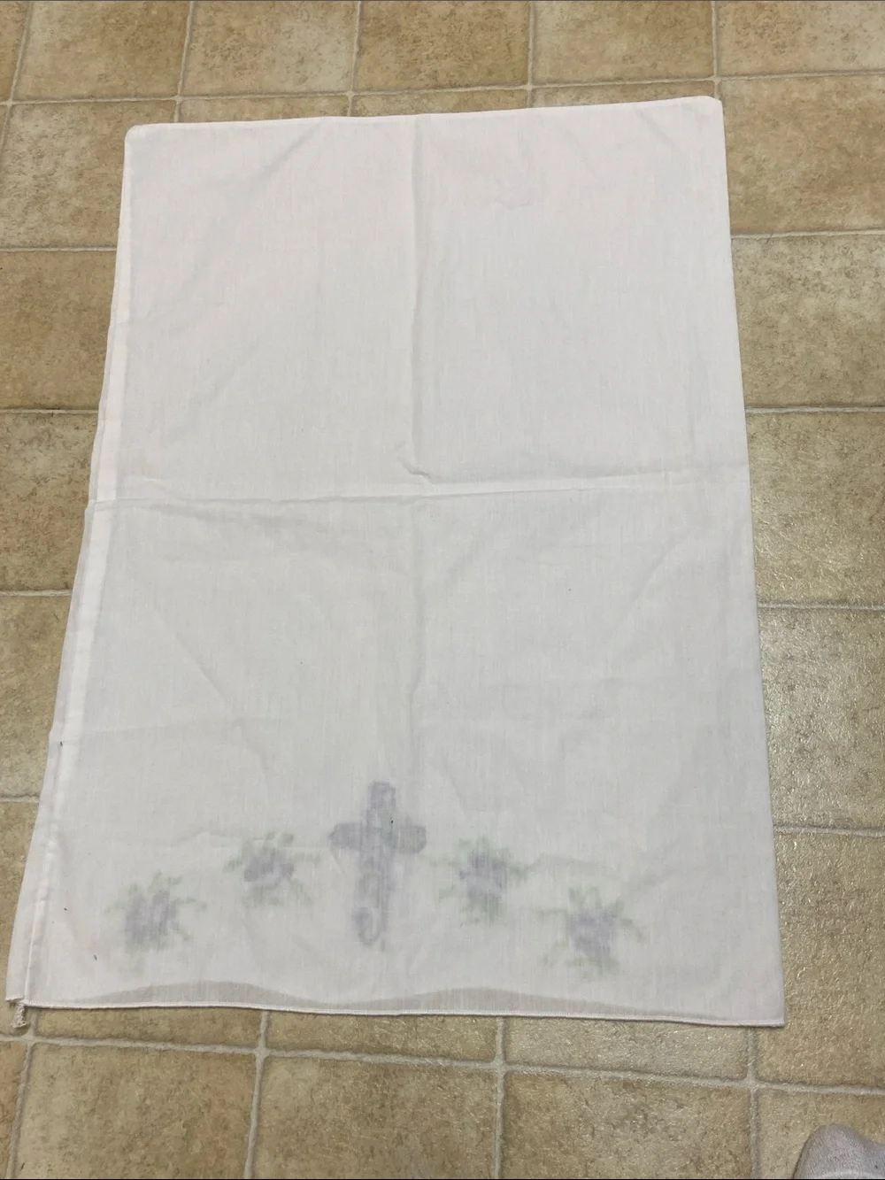 Vintage White Pillowcase Cover with Purple Floral Cross Embroidery